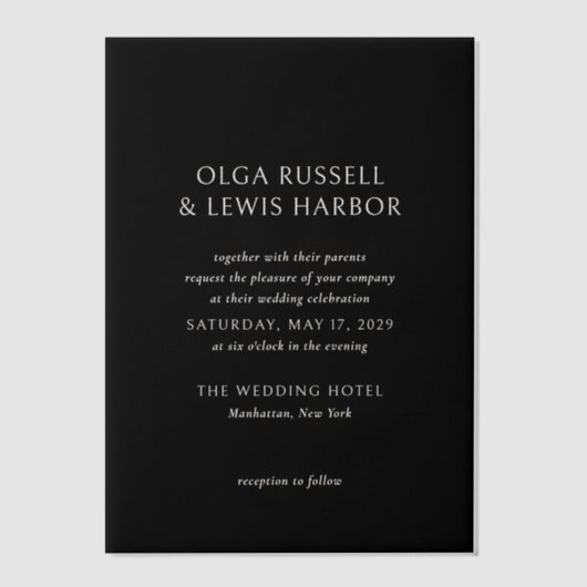 Olga Black Moderne bruiloft Vellum Uitnodigingen (Voorkant)