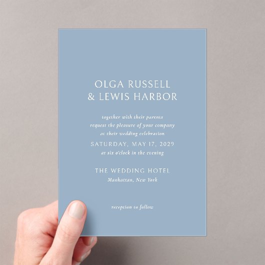Olga Dusty Blue Modern Wedding Acryl Uitnodigingen (Insitu (Draagbaar))