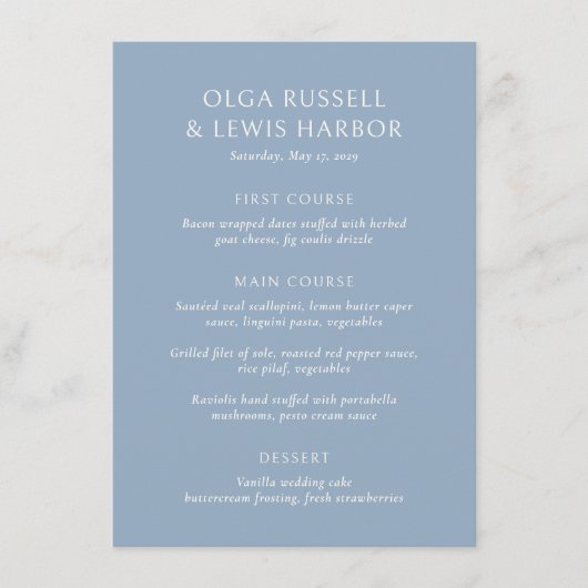 Olga Dusty Blue Modern Wedding Menu (Voorkant)