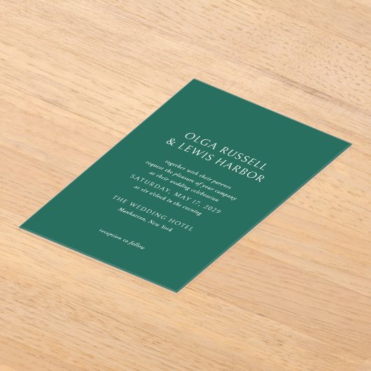 Olga Emerald Green Moderne bruiloft Acryl Uitnodigingen (Laagn)