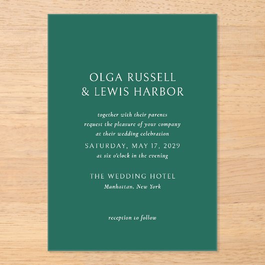 Olga Emerald Green Moderne bruiloft Acryl Uitnodigingen (Voorkant)