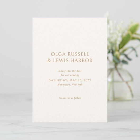Olga Ivoor en gouden moderne bruiloft Save The Date (Staand voorkant)