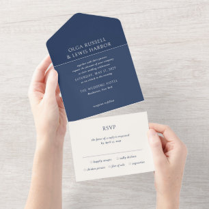 Olga Navy en Cream Modern Wedding All In One Uitnodiging