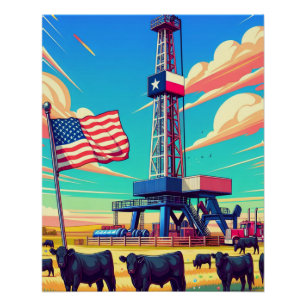 Olie Gas Boren Scène Rundvee en Vlag Perfect Poster