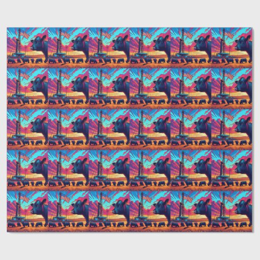 Olie Gas Rig Bij Zonsondergang Rundvee en Amerikaa Cadeaupapier (Vlak)