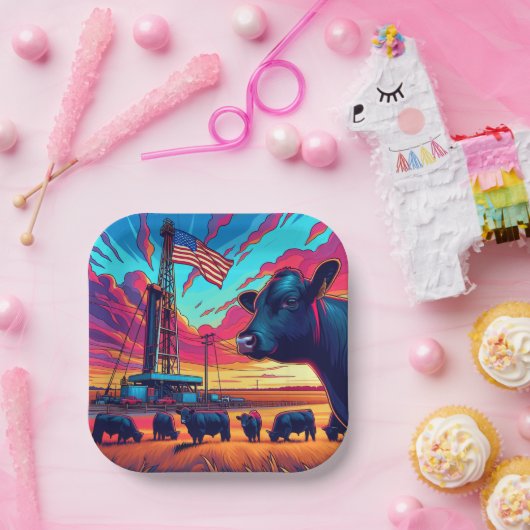 Olie Gas Rig Bij Zonsondergang Rundvee en Amerikaa Papieren Bordje (Feest)