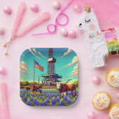 Olie Gas Rig Longhorn Rundvee en Amerikaanse vlag Papieren Bordje (Feest)