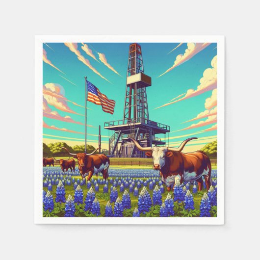 Olie Gas Rig Longhorn Rundvee en Amerikaanse vlag Servet (Voorkant)