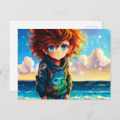 Olie Schilderen van een Anime Boy met Red Curly Ha Briefkaart (Voorkant / Achterkant)