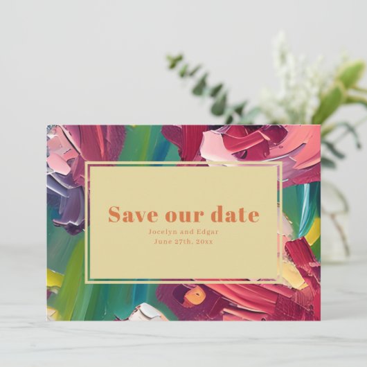 Olie Schilderij Geïnspireerde Deco Groovy Bruiloft Save The Date (Staand voorkant)