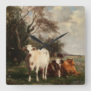 Olie-schilderij in vintage pastorale stijl Koeien  Vierkante Klok