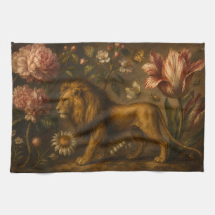 Olie-schilderij met vintage leeuw en botanische tu theedoek