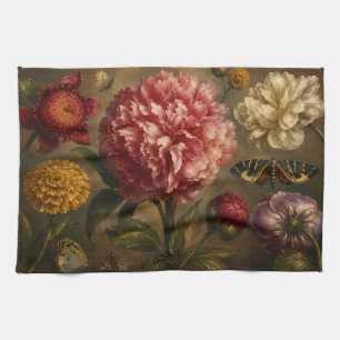 Olie-schilderij met vintage pioen en vlinder in bo theedoek