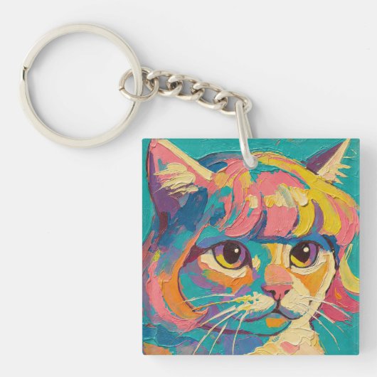 Olie Schilderij van een Cute Kat (#5) Sleutelhanger (voorkant)