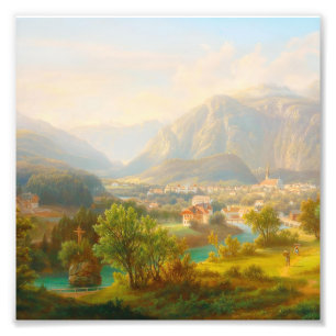 Olie-schilderij van een dorp in de Europese Alpen Foto Afdruk