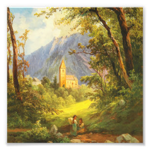 Olie-schilderij van een Europese bergkerk in vinta Foto Afdruk
