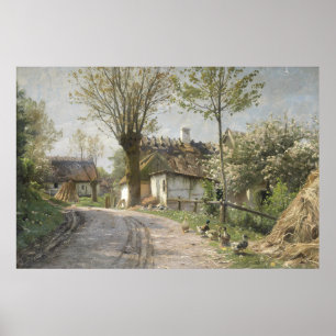 Olie-schilderij van een landelijke weg met eenden poster