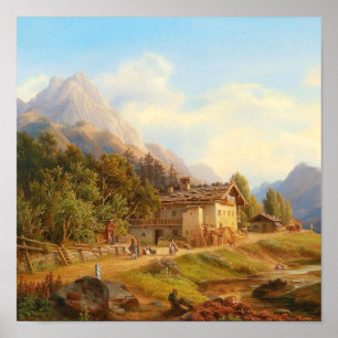 Olie-schilderij van een vintage Alpen berghut Poster