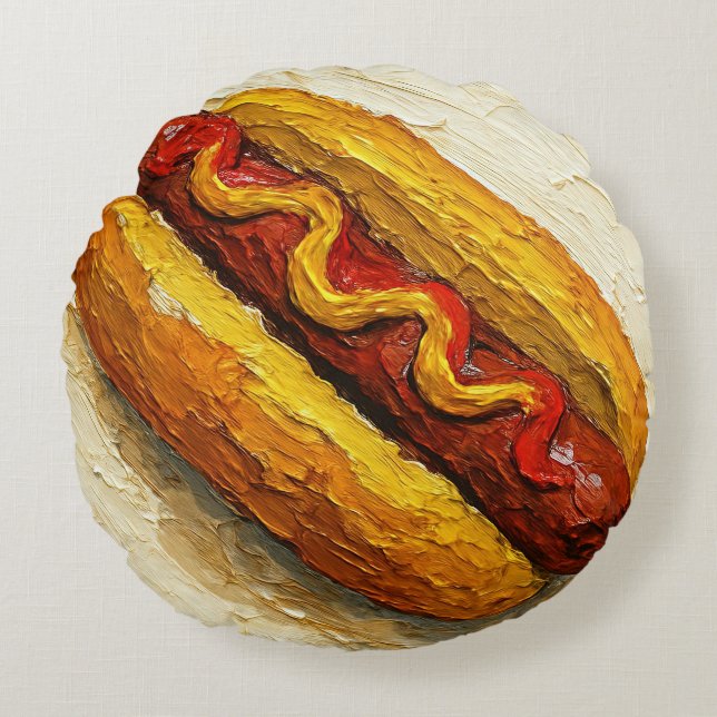 Olie-schilderij van Hot Dog (#1) Rond Kussen (Voorkant)