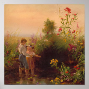 Olie Schilderij van Kinderen die in de Stroom Viss Poster