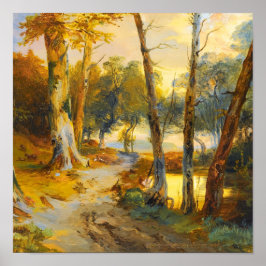 Olie-schilderij van oude bosbomen en rivier in gou poster