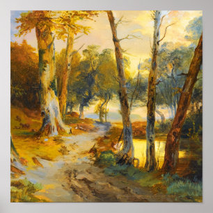 Olie-schilderij van oude bosbomen en rivier in gou poster