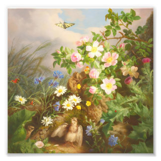 Olie Schilderij van Oude Wilde Bloemen en Baby Vog Foto Afdruk