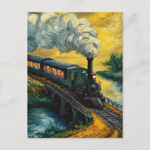Olie-schilderij van stoomlocomotief trein uit het  briefkaart