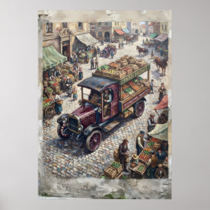 Olie-schilderij van vintage Europese marktproducte Poster