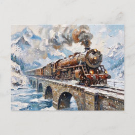 Olie-schilderij van vintage stoomtrein besneeuwde  briefkaart