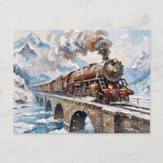 Olie-schilderij van vintage stoomtrein besneeuwde briefkaart