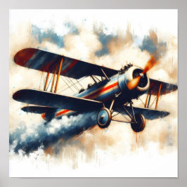 Olie Schilderij Vintage Blauwe Tweedekker Poster