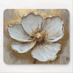 Olie Schilderij Witte Gouden Bloem  Muismat