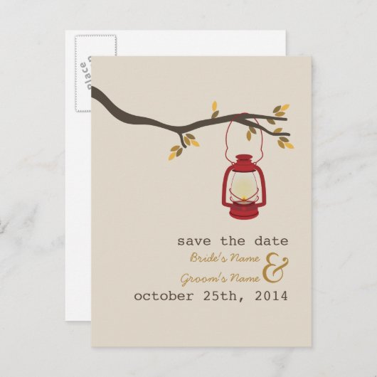 Olielamp Camping Fall Wedding Save the Date Aankondigingskaart (Voorkant / Achterkant)