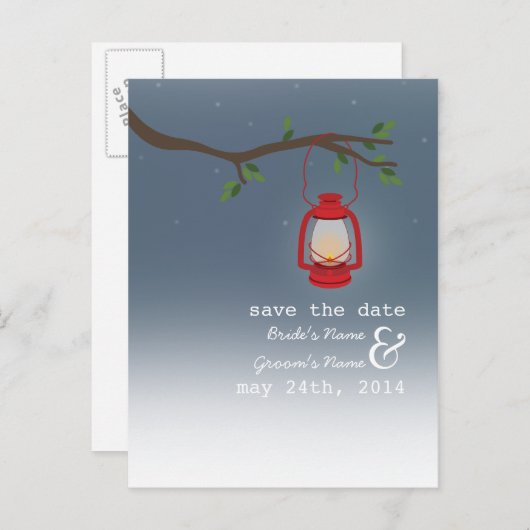 Olielamp Camping / Outdoor Avond Save the Date Aankondigingskaart (Voorkant / Achterkant)