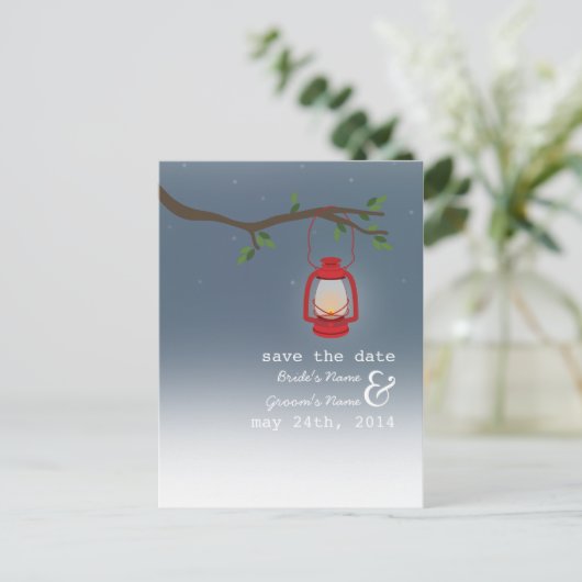 Olielamp Camping / Outdoor Avond Save the Date Aankondigingskaart (Staand voorkant)