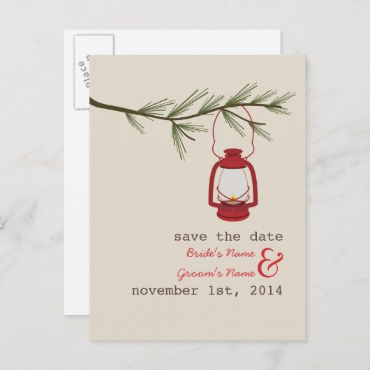 Olielamp Evergreen Tree Wedding Save The Date Aankondigingskaart (Voorkant / Achterkant)