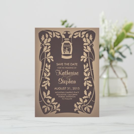 Olielantaarn & eikenboom bladeren Bewaar de datumk Save The Date (Staand voorkant)