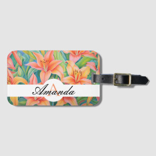 Oliepastel Sinaasappel & Groene Lelie Patroon Mono Bagagelabel