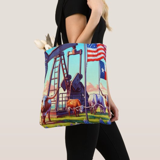 Oliepomp en Longhorn vee in Texas Tote Bag (Dichtbij)