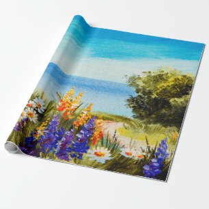 olieschilderbloemen nabij het zee, kamilleveld, cadeaupapier
