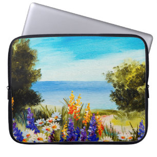 olieschilderbloemen nabij het zee, kamilleveld, laptop sleeve