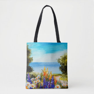 olieschilderbloemen nabij het zee, kamilleveld, tote bag
