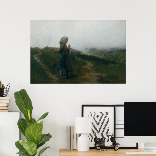 Olieschilderend jong meisje dat Schilderachtig lan Poster (Thuiskantoor)