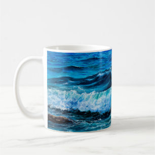 Olieschilderij waarop golven in de oceaan of zee o koffiemok