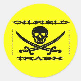 Olieveld afval, olieveld Sticker, schedel, Jolly R Ronde Sticker