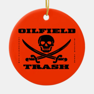 Olieveldafval, schedel & kruisbeenderen, olie, gas keramisch ornament