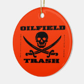 Olieveldafval, schedel & kruisbeenderen, olie, gas keramisch ornament (Links)