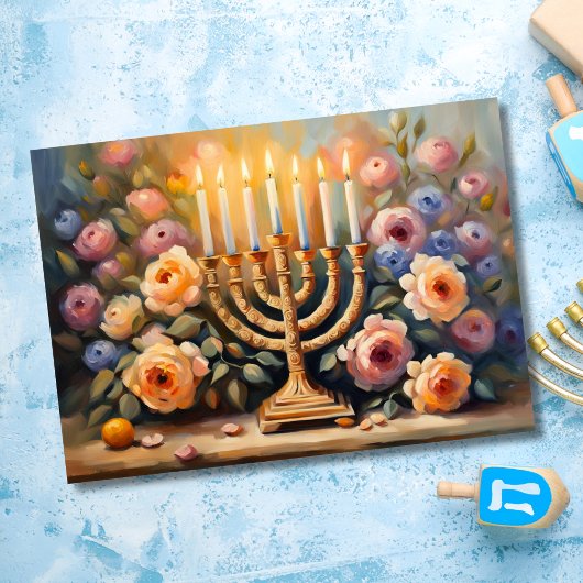 Olieverf Bloemen Verlicht Menorah Kaart