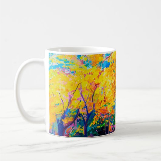 olieverf op canvas. Gele bomen. Moderne kunst. Koffiemok (Links)